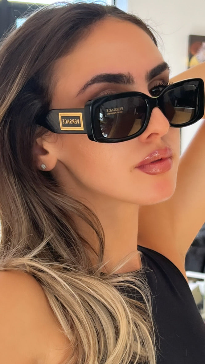Versace VE4377 Black Logo Rectangular Sunglasses | Designer Daydream