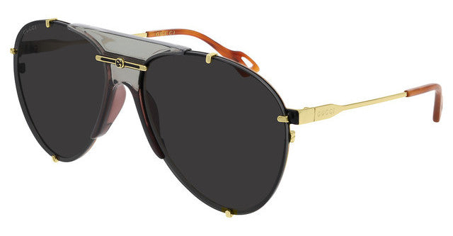 Gucci aviator logo sunglasses, dark lenses with gold-tone detailing and grey frame