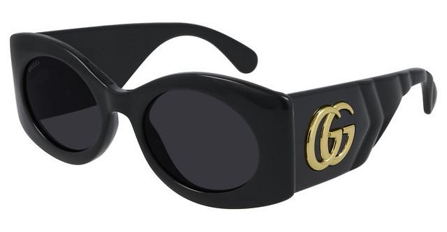 Black Gucci rectangular quilted-frame sunglasses with dark lenses and GG metal logo.