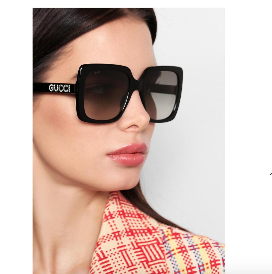 Gucci GG0418S Black Square Crystal Logo Sunglasses