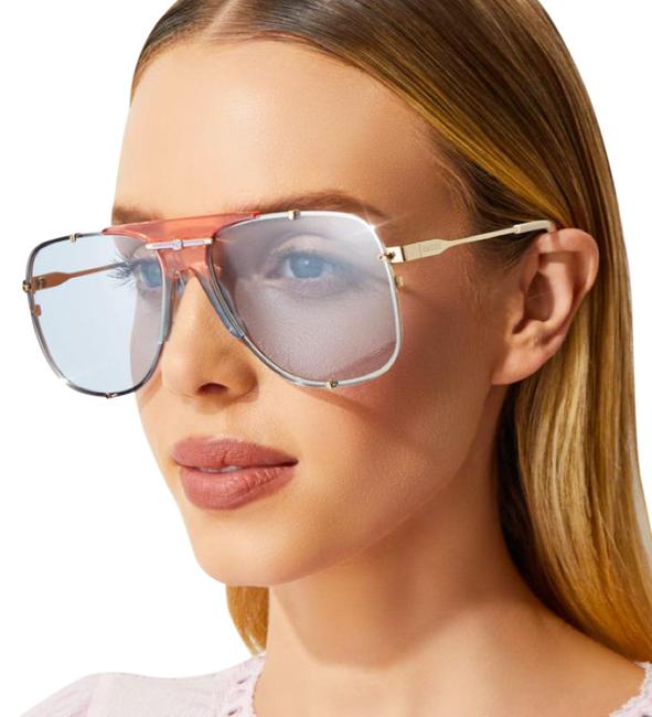 Gucci GG0739S Unisex Aviator Logo Sunglasses in Crystal Pink Blue Lens