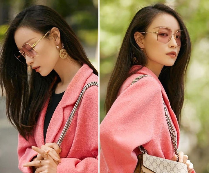 Gucci GG0724S Earring Chain Square Oversized Sunglasses Pink Lens